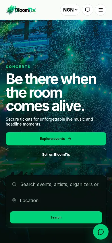 BloomTix home page on a phone