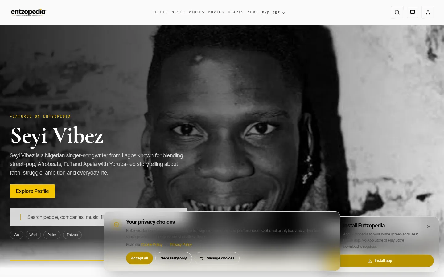 Entzopedia home page on desktop showing a featured celebrity profile and search bar