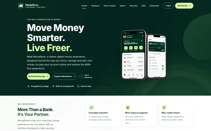 MonieRave home page with the headline Move money smarter. Live freer.