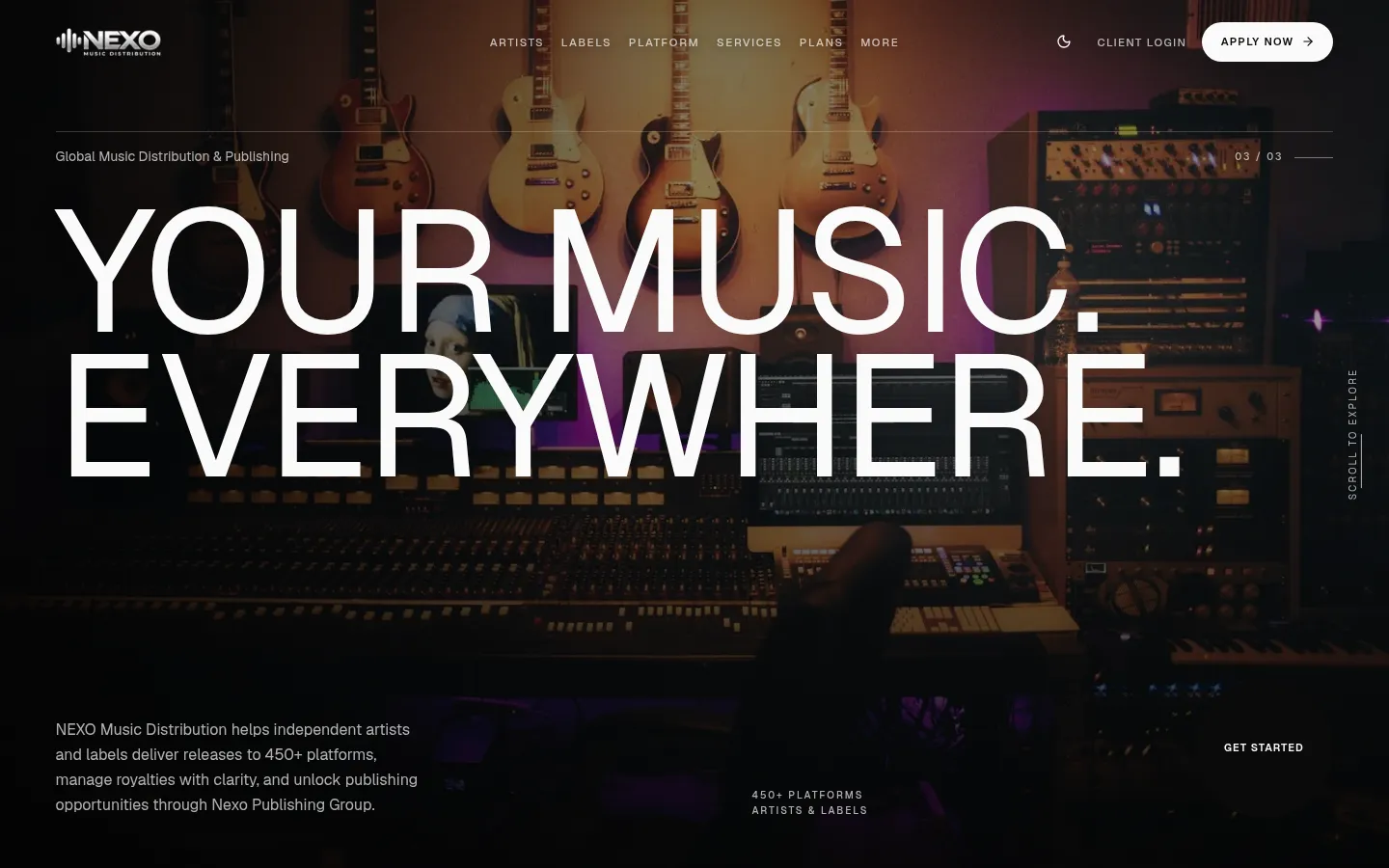 Nexo Music Distribution home page with the headline Your music. Everywhere.