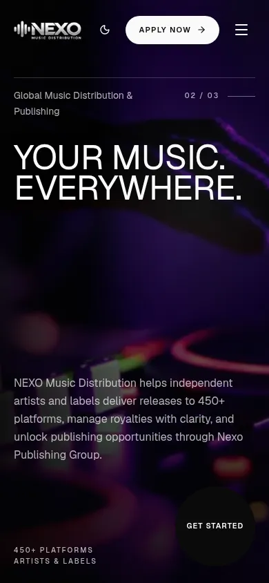 Nexo Music Distribution home page on a phone